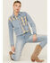 Image #1 - Cleo + Wolf Women's Oversized Plaid Mix Denim Cropped Jacket, Light Medium Wash, hi-res