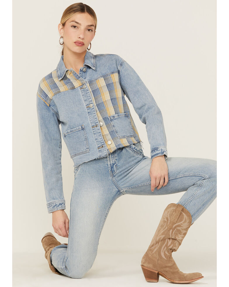 Cleo + Wolf Women's Oversized Plaid Mix Denim Cropped Jacket, Light Medium Wash, hi-res
