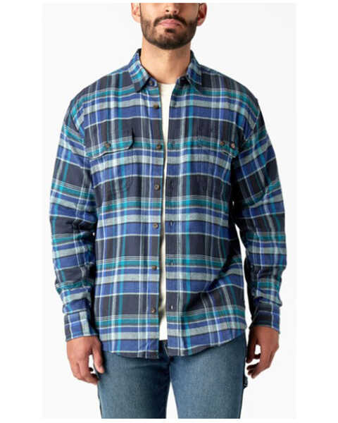 Dickies Men's Flex Plaid Print Long Sleeve Button-Down Flannel Work Shirt, Navy, hi-res