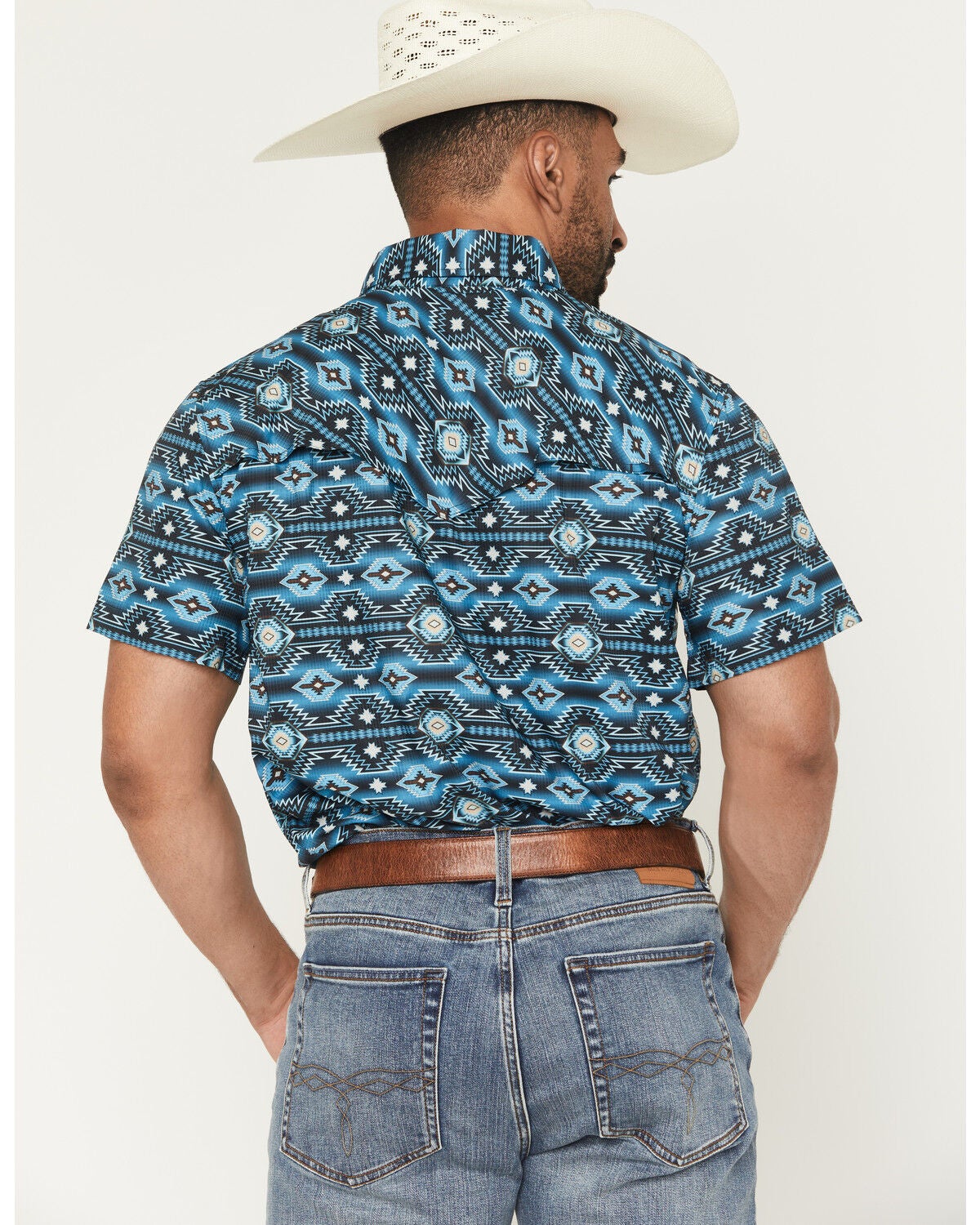 Image #4 - Rock & Roll Denim Men's TEK Southwestern Print Short Sleeve Snap Western Shirt, Blue, hi-res