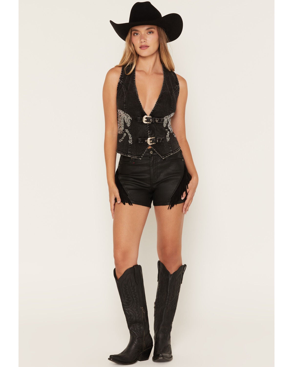 Image #1 - Blue B Women's Boot Barn Exclusive Horse Studded Denim Vest, Black, hi-res