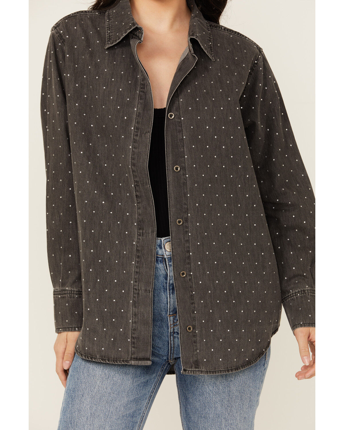 Image #3 - Blue B Women's Solid Rhinestone Long Sleeve Button-Down Shirt, Charcoal, hi-res