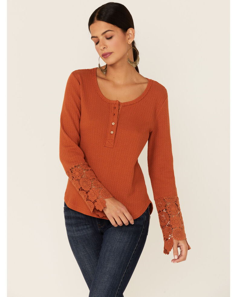 Miss Me Women's Thermal Crochet Long Sleeve Shirt , Rust Copper, hi-res