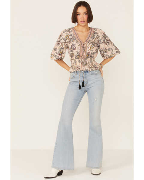 Image #4 - Angie Women's Floral Lace-Up Front Peplum Top, Taupe, hi-res