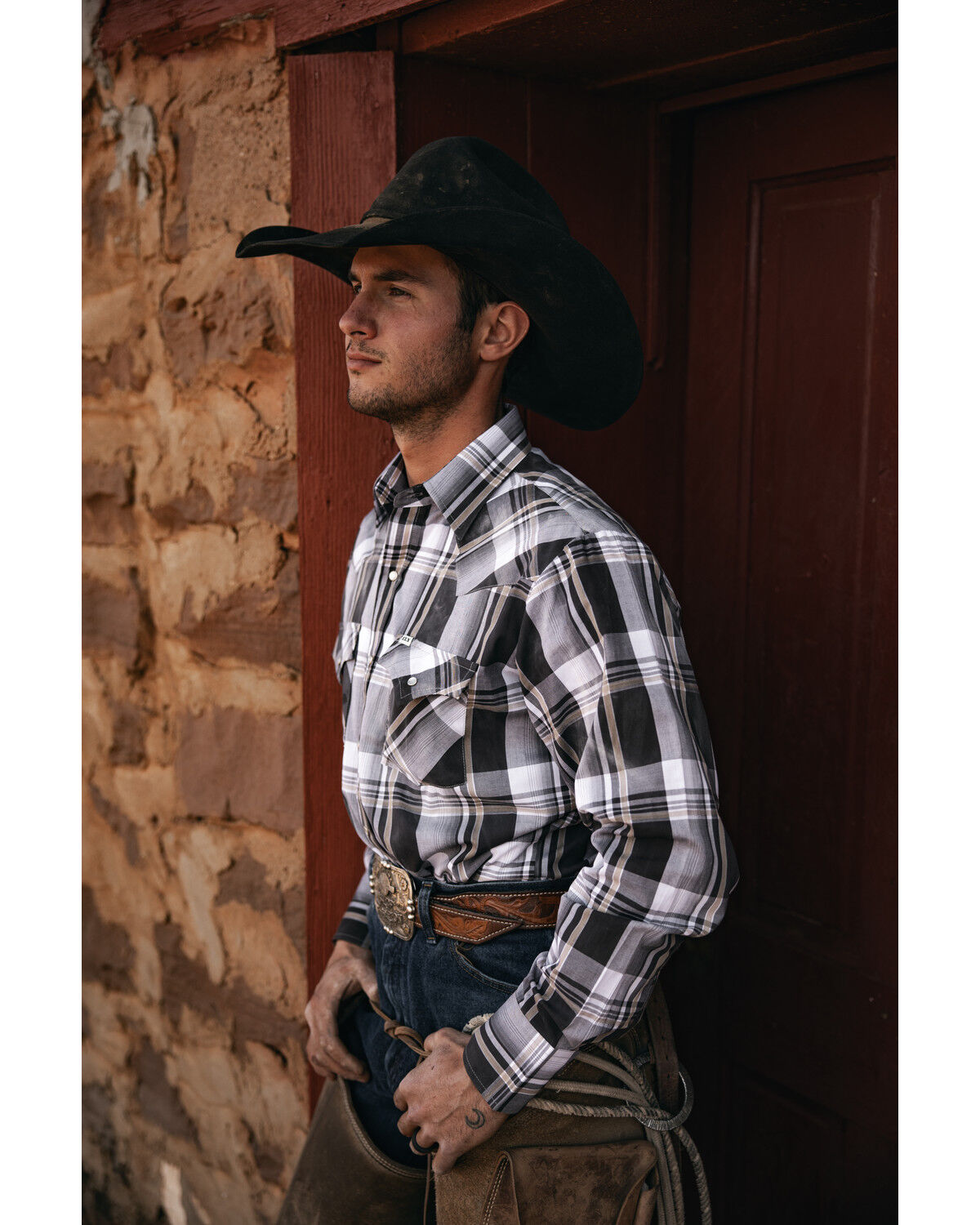 Image #1 - Ely Walker Men's Plaid Print Long Sleeve Snap Western Shirt, Brown, hi-res