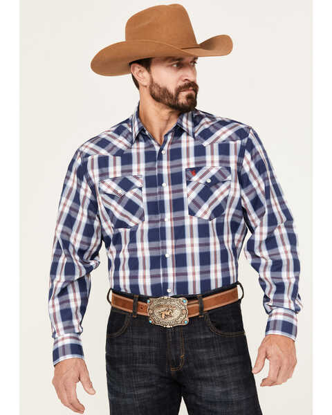 Rodeo Clothing Men's Plaid Print Long Sleeve Western Snap Shirt, Navy, hi-res