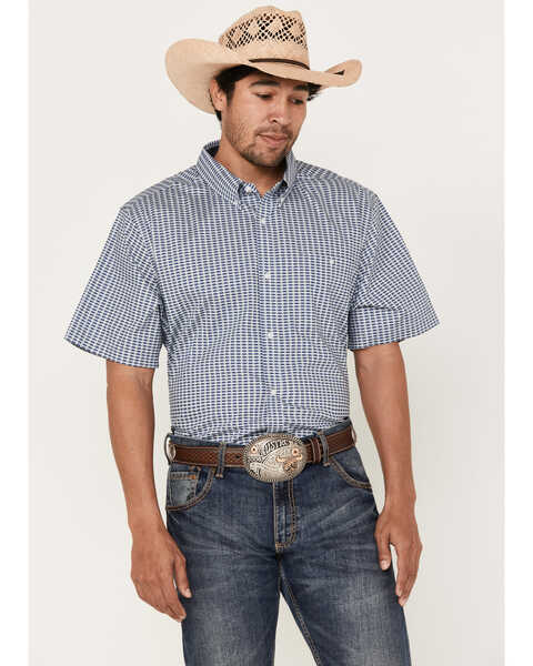 Image #1 - RANK 45® Men's Herd Small Geo Print Short Sleeve Button-Down Western Shirt, Blue, hi-res
