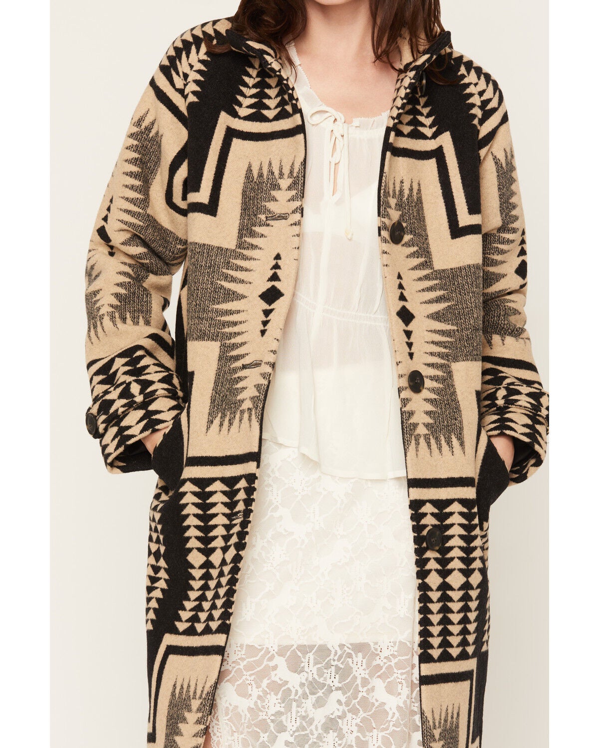 Image #3 - Pendleton Women's Geo Print Button-Down Wool Coat, Black, hi-res