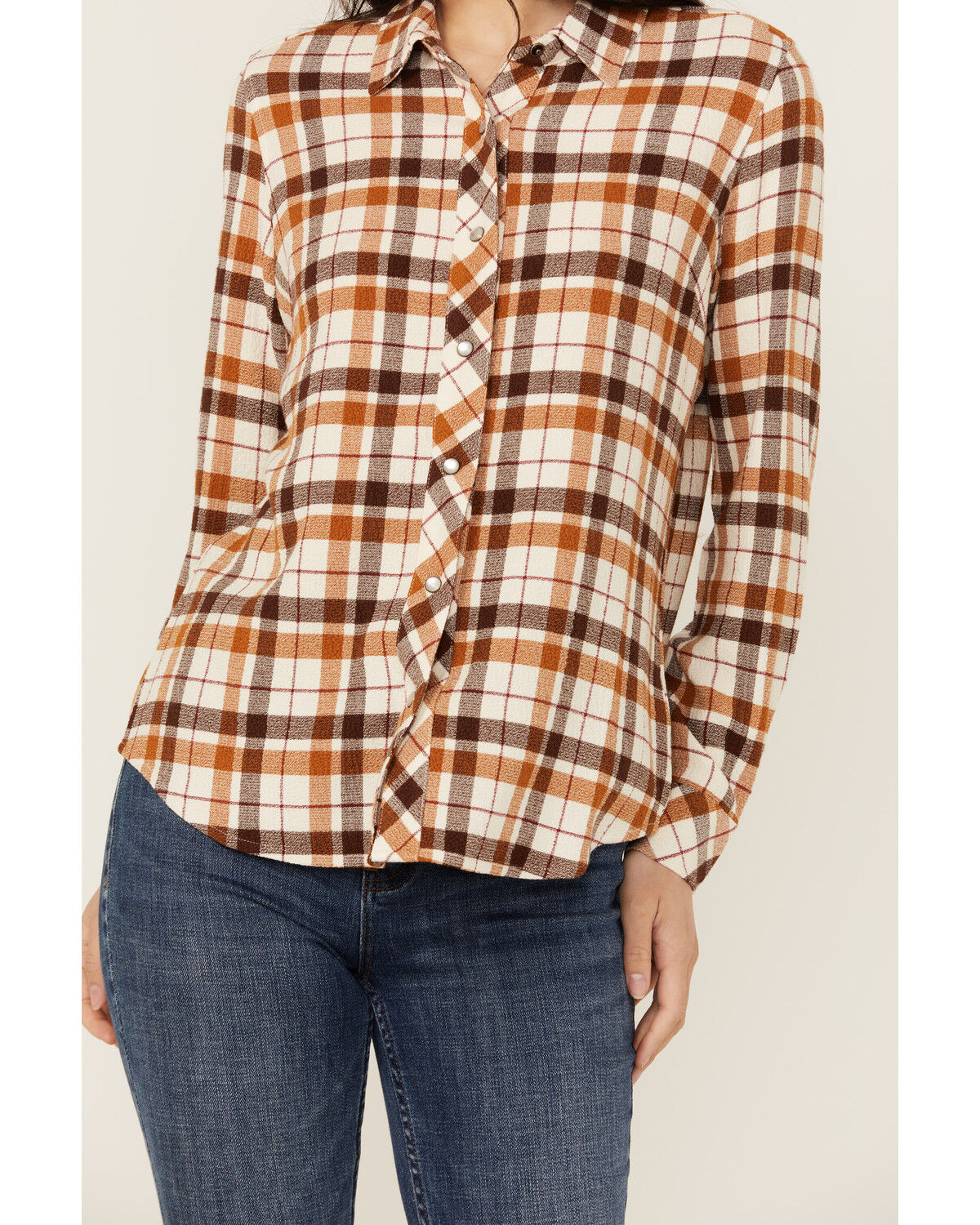 Image #4 - Idyllwind Women's Binkley Plaid Print Long Sleeve Pearl Snap Western Shirt, Lt Brown, hi-res