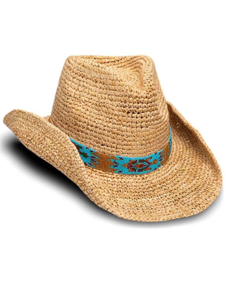 Nikki Beach Women's Natural Mazatlan Crochet Raffia Straw Western Hat , Natural, hi-res