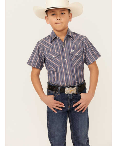 Ely Walker Boys' Dobby Striped Short Sleeve Pearl Snap Western Shirt , Blue, hi-res