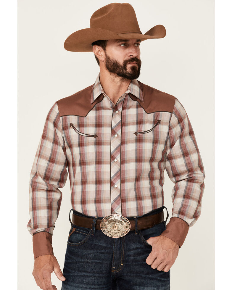 Roper Men's Brown Plaid Piped Yoke Long Sleeve Snap Western Shirt , Brown, hi-res