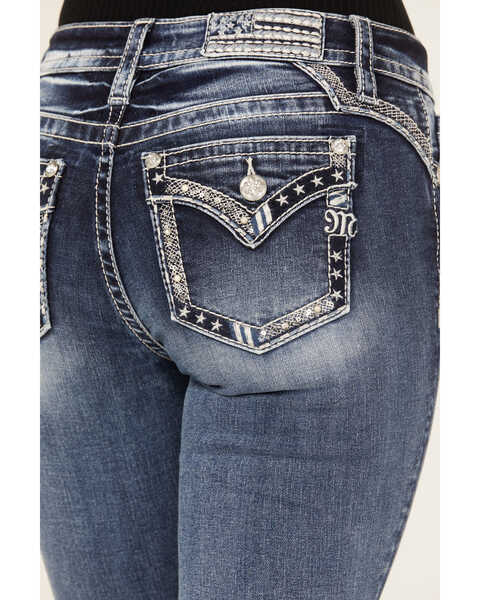 Image #2 - Miss Me Women's Dark Wash Low Rise Tonal Americana Border Bootcut Jeans, Dark Wash, hi-res