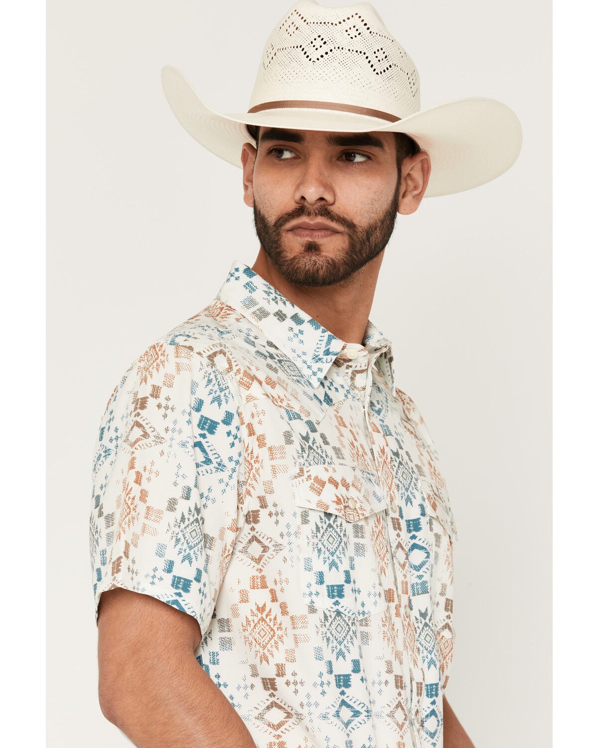 Image #2 - RANK 45&reg; Men's Everglades 2.0 Southwestern Print Rodeo Tech Short Sleeve Snap Western Shirt, Ivory, hi-res