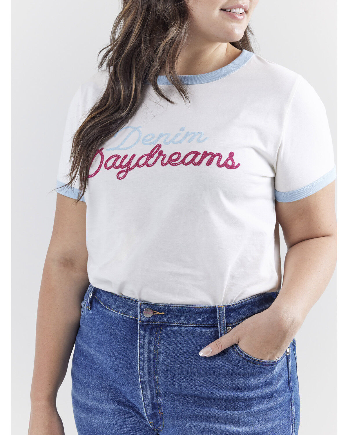 Image #6 - Wrangler® X Barbie™ Women's Denim Daydreams Slim Ringer Tee, White, hi-res