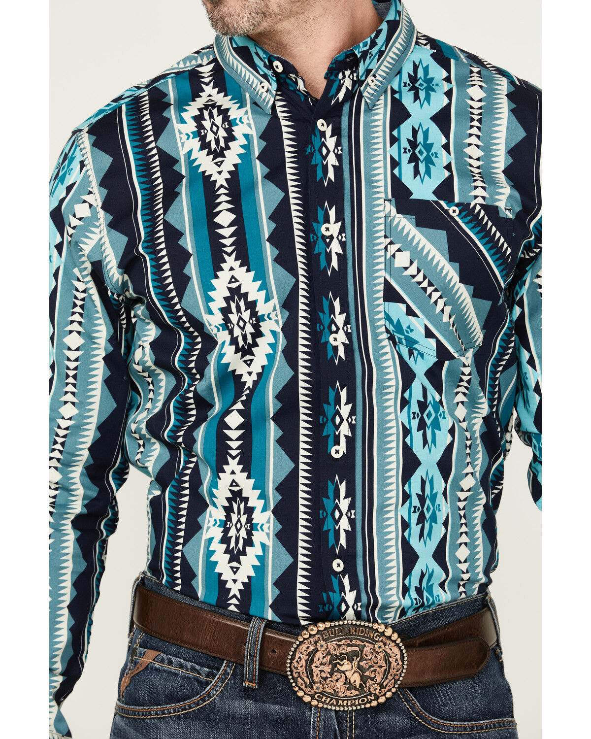 Image #3 - RANK 45® Men's Dakar Exploded Southwestern Print Long Sleeve Performance Stretch Western Shirt, Teal, hi-res