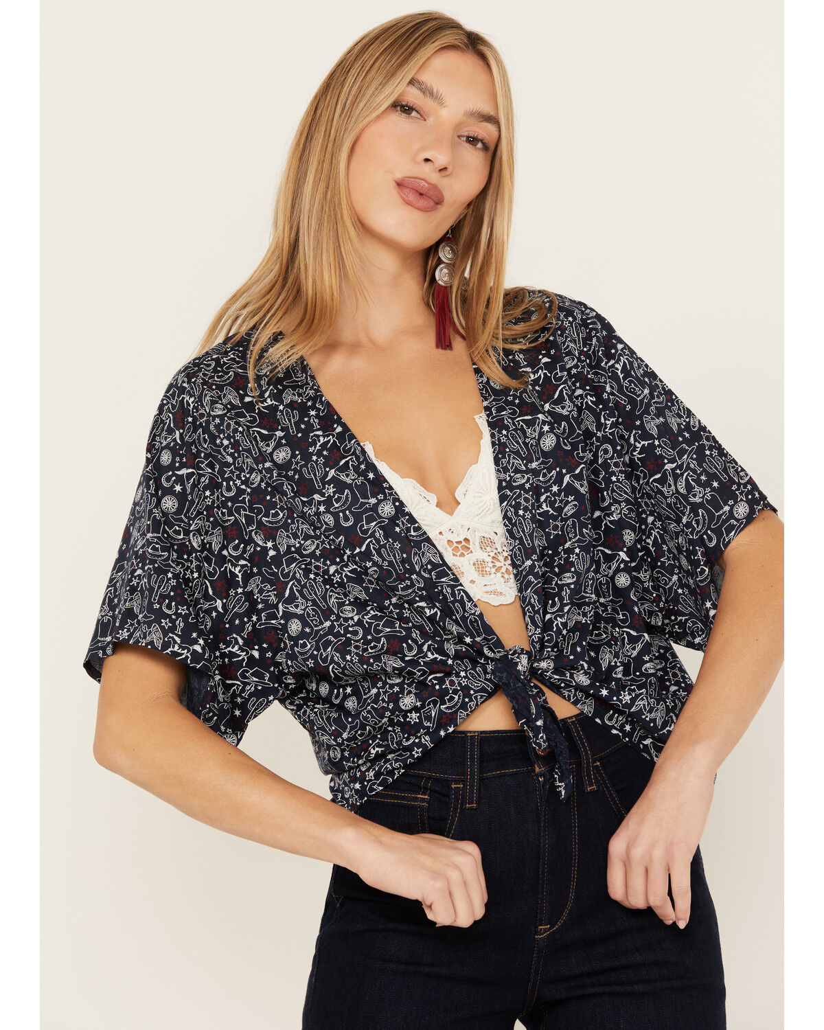 Image #1 - Ariat Women's Howdy Print Short Sleeve Tie Front Wrap, Navy, hi-res