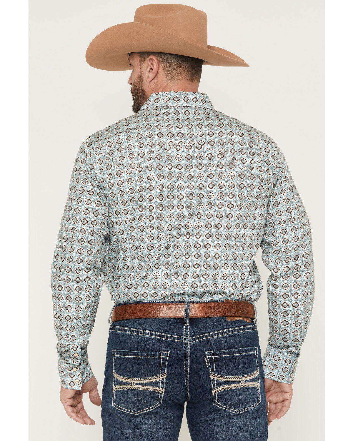 Image #4 - Rock & Roll Denim Men's Medallion Print Long Sleeve Snap Stretch Western Shirt, Teal, hi-res