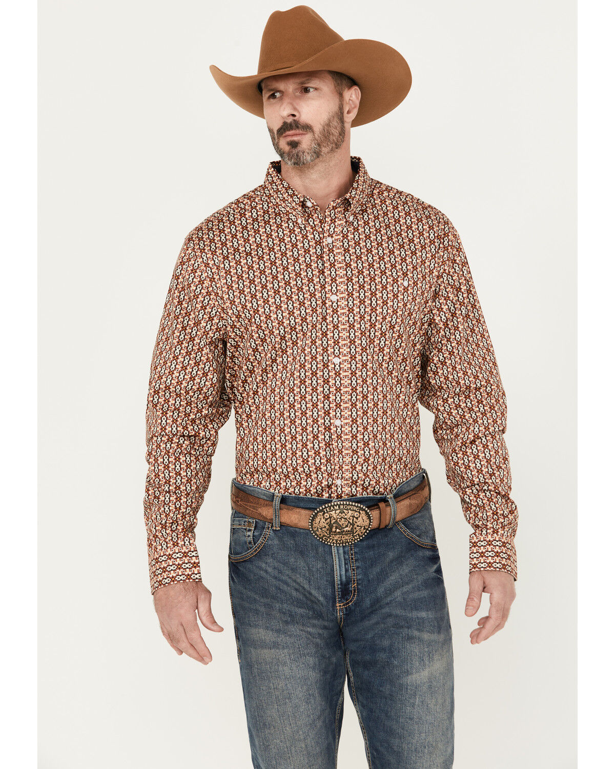 Image #1 - RANK 45® Men's Spur Printed Long Sleeve Button-Down Stretch Western Shirt, Pecan, hi-res