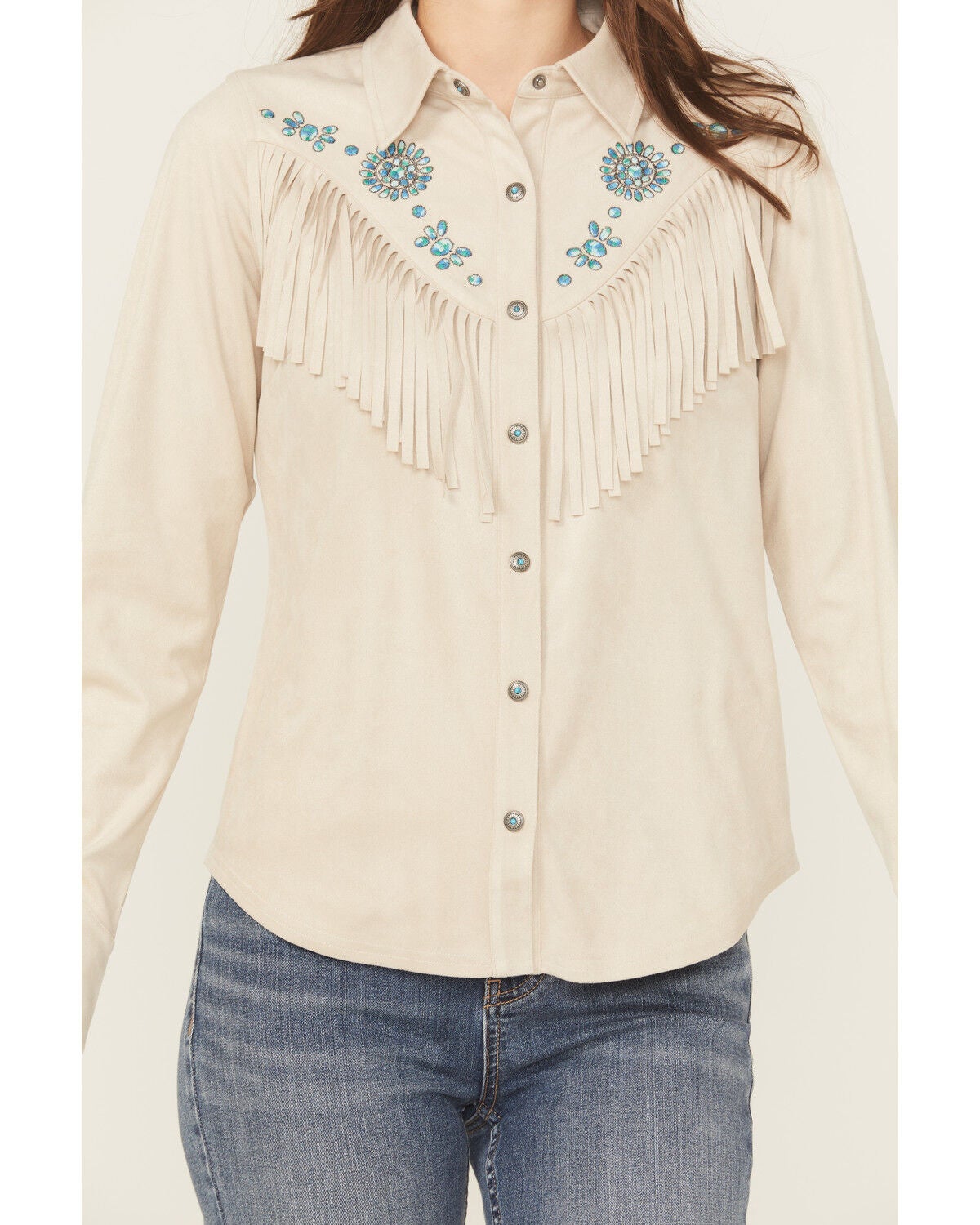 Image #3 - Shyanne Women's Embellished Faux Suede Long Sleeve Fringe Top, Oatmeal, hi-res