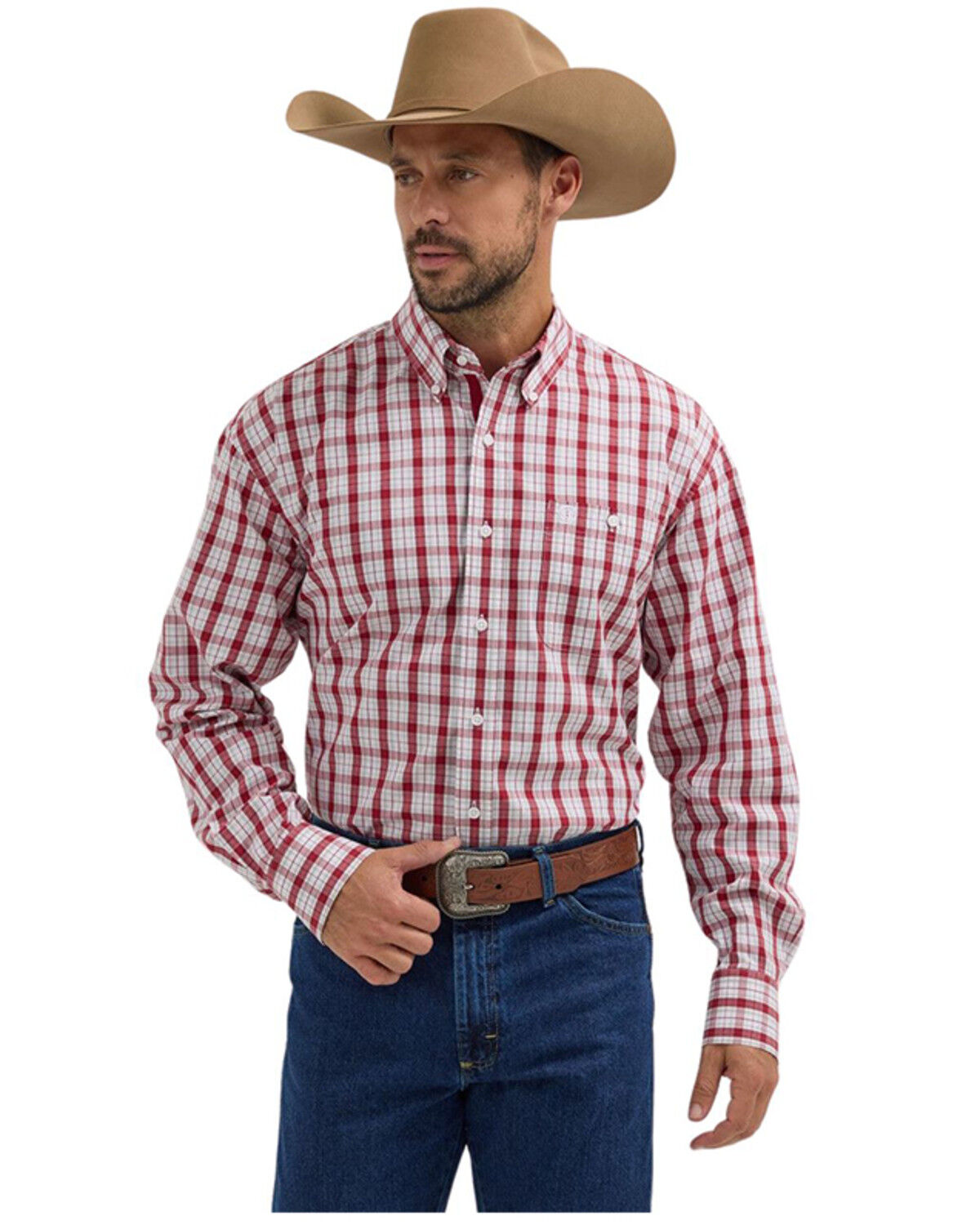 Image #1 - George Strait by Wrangler Men's Plaid Print Long Sleeve Button-Down Stretch Western Shirt, White, hi-res