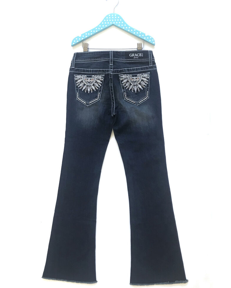 Grace In LA Girls' Dark Wash Dreamcatcher Catcher Feather Pocket Bootcut Jeans, Blue, hi-res
