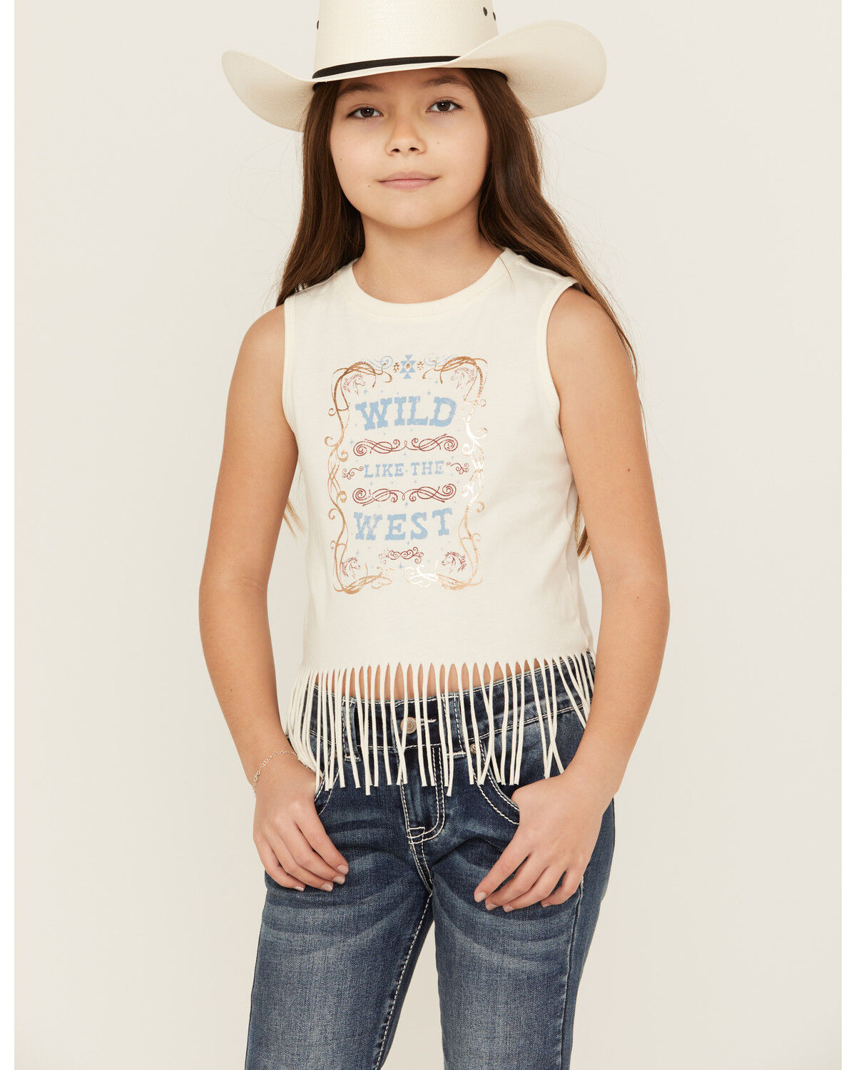 Image #1 - Shyanne Girls' Wild Like The West Fringe Graphic Tank Top, Cream, hi-res