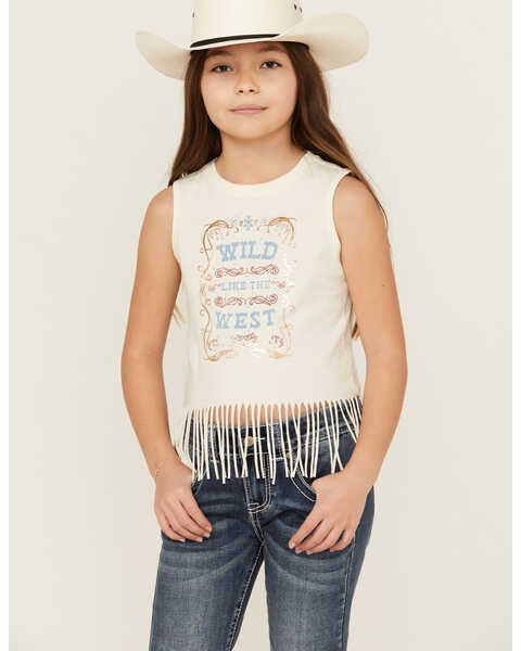 Shyanne Girls' Wild Like The West Fringe Graphic Tank Top , Cream, hi-res