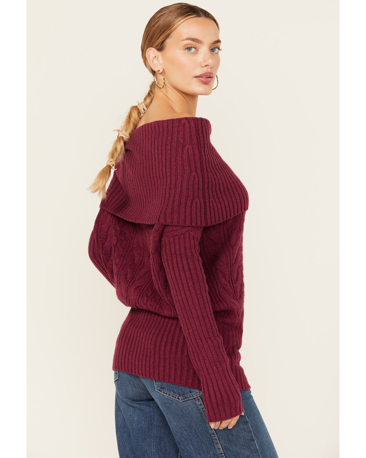 Image #2 - Shyanne Women's Off The Shoulder Cable Knit Sweater, Fuchsia, hi-res