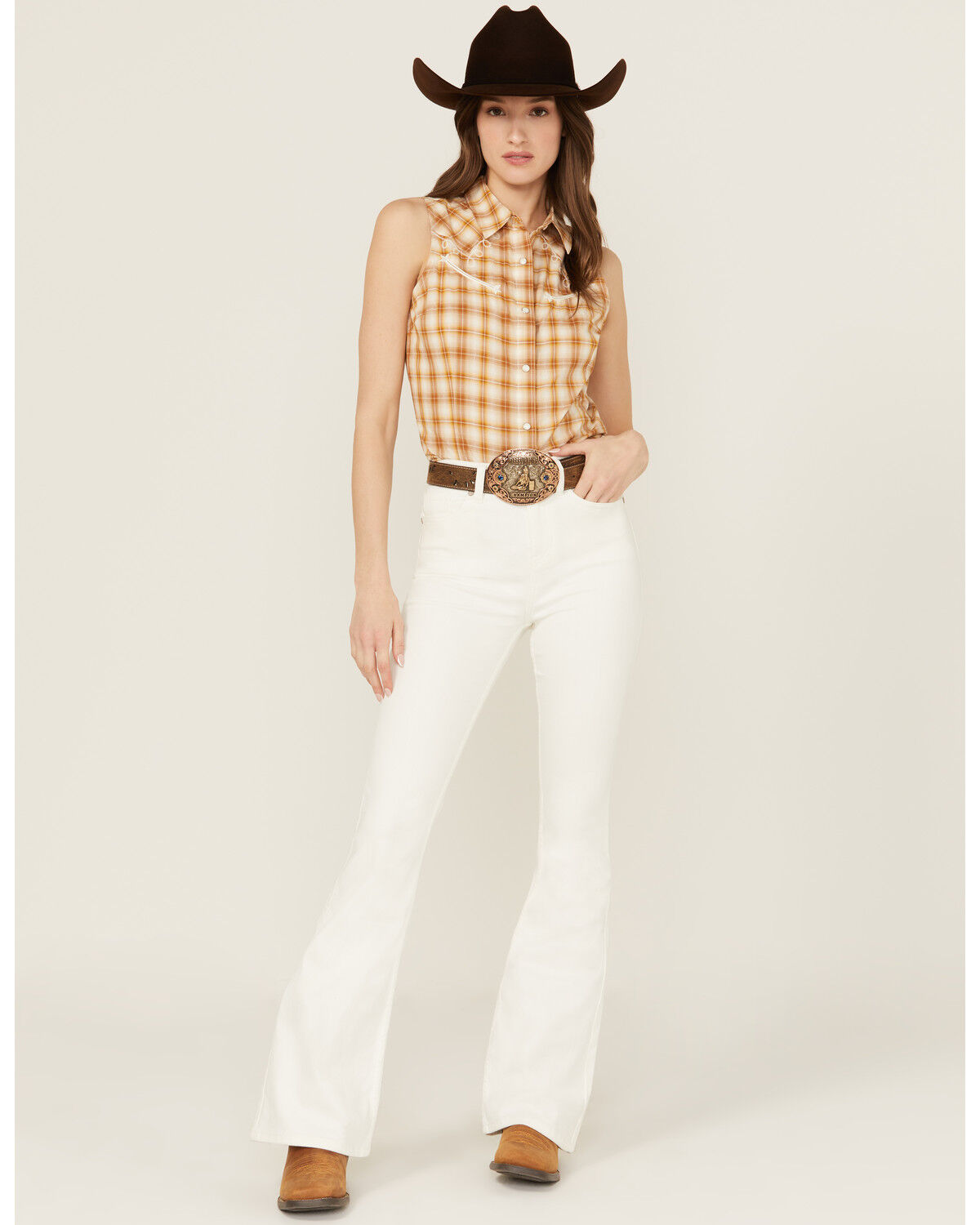 Image #1 - Wrangler Retro Women's Plaid Print Sleeveless Snap Western Shirt, Tan, hi-res
