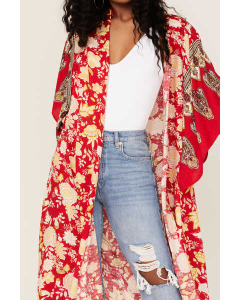 Image #3 - Band of the Free Women's From Paris With Love Floral Print Kimono, Red, hi-res