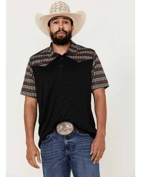 RANK 45® Men's Stripewood Tech Color Block Short Sleeve Button-Down Polo Shirt , Black, hi-res