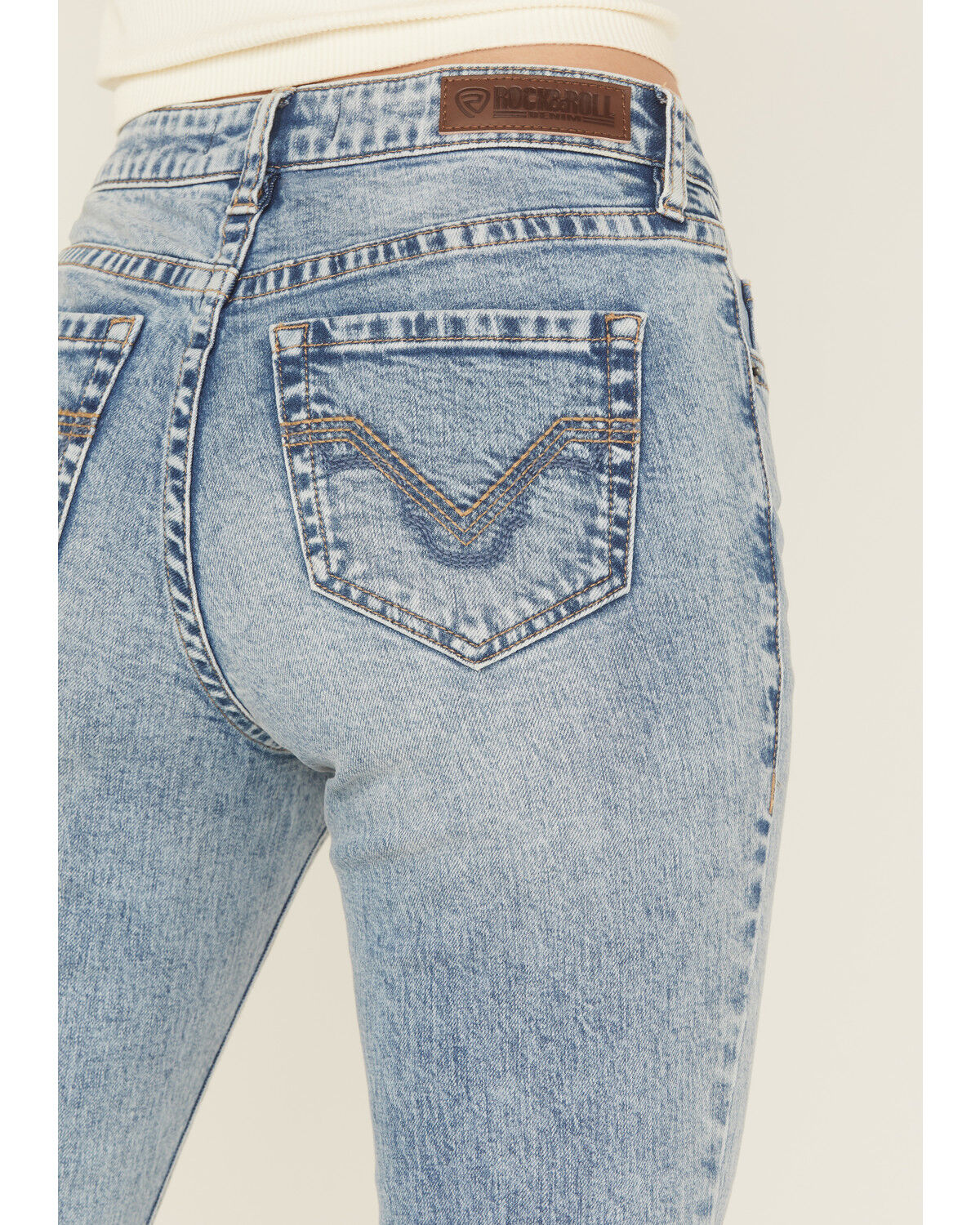 Image #2 - Rock & Roll Denim Women's Medium Wash Mid Rise Distressed Bootcut Stretch Denim Jeans, Medium Wash, hi-res