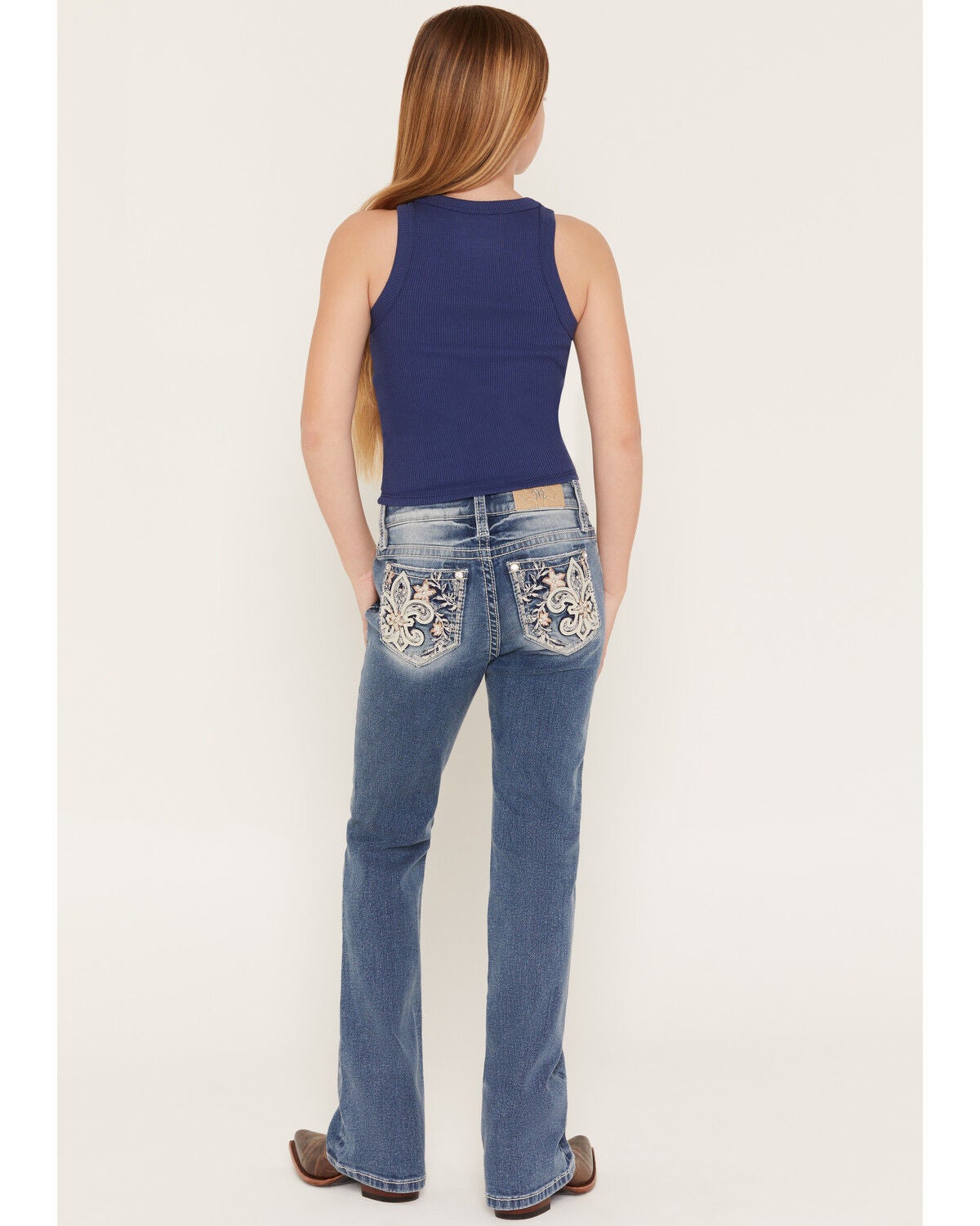 Miss Me Girls' Medium Wash Floral Fleur de Lis Bootcut Stretch Denim Jeans, Medium Wash, hi-res