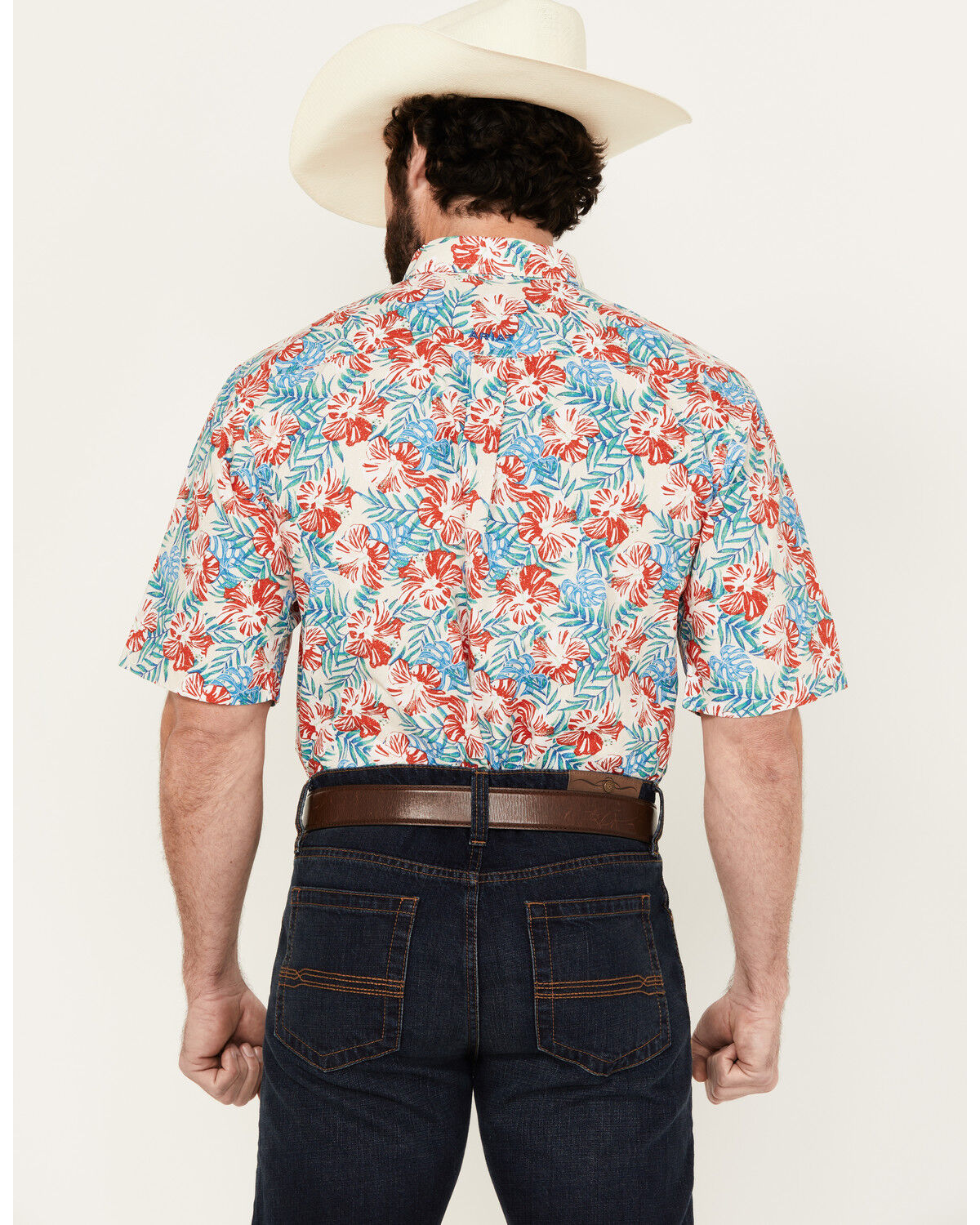 Image #4 - Ariat Men's Dillan Hawaiian Floral Print Short Sleeve Button-Down Western Shirt, Red, hi-res