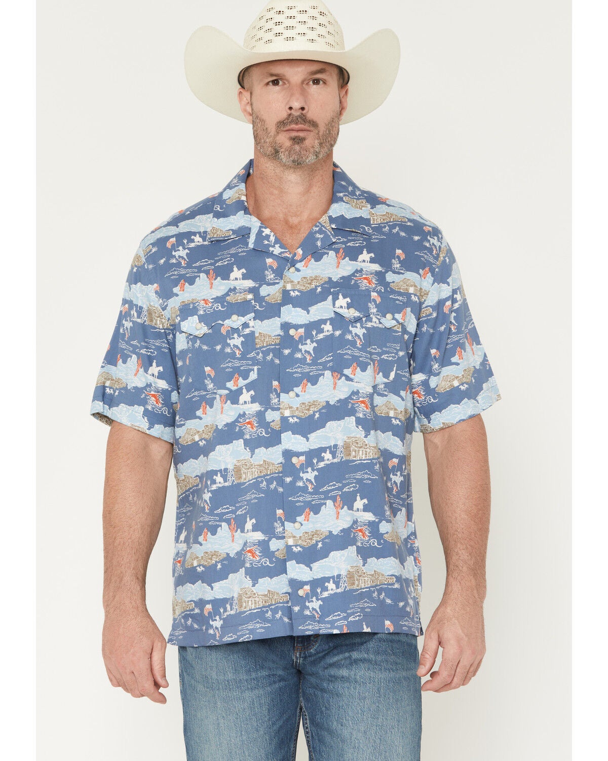 Wrangler Men's Coconut Cowboy Conversation Print Short Sleeve Snap Western Shirt, Blue, hi-res