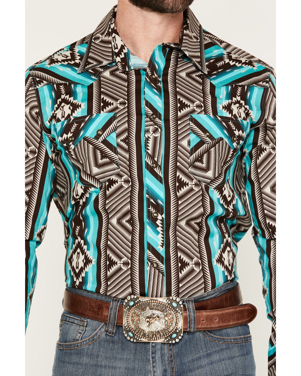 Image #3 - Rock & Roll Denim Men's Southwestern Print Long Sleeve Snap Stretch Western Shirt, Teal, hi-res
