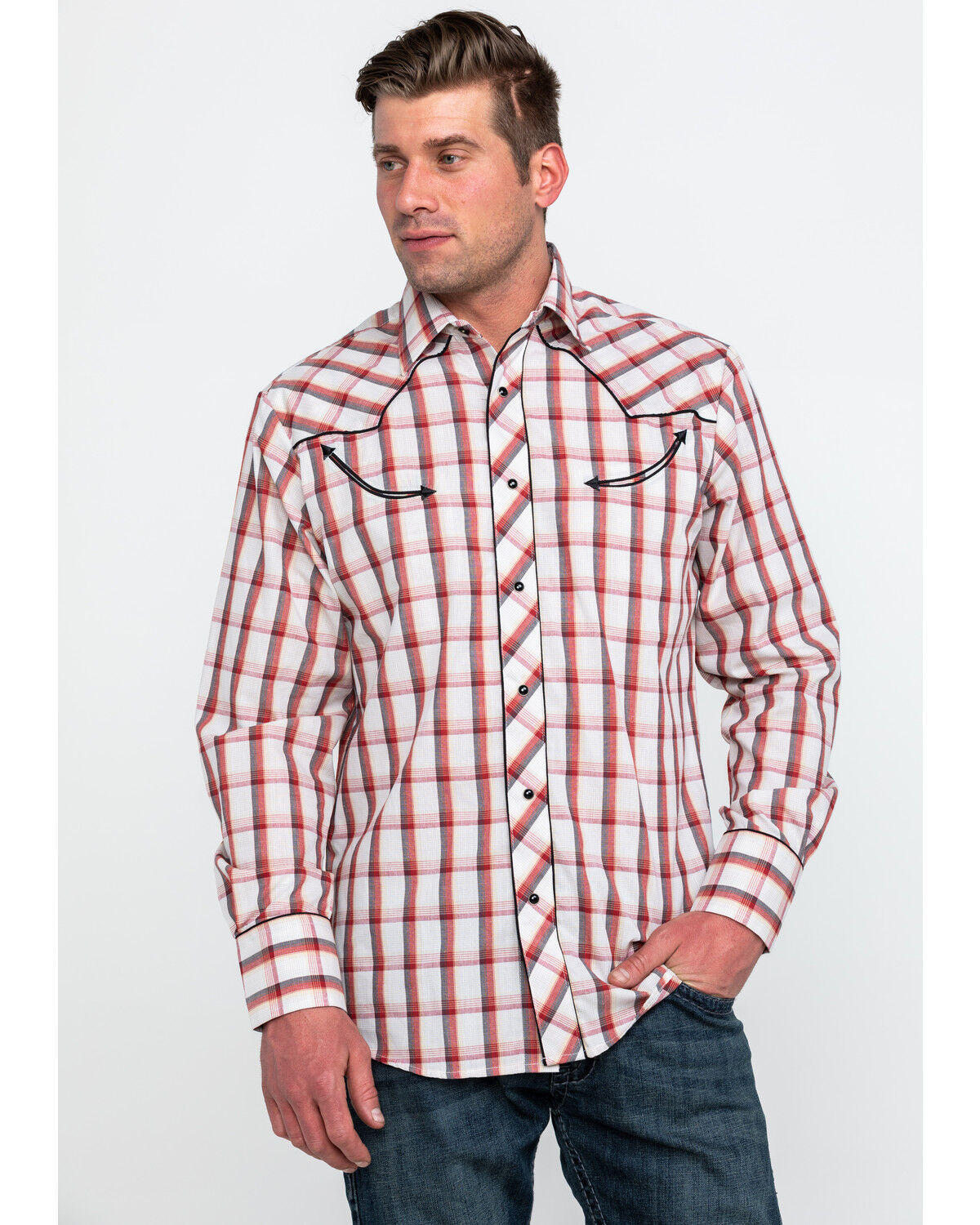 Image #5 - Roper Men's Large Fancy Plaid Long Sleeve Western Shirt, Red, hi-res