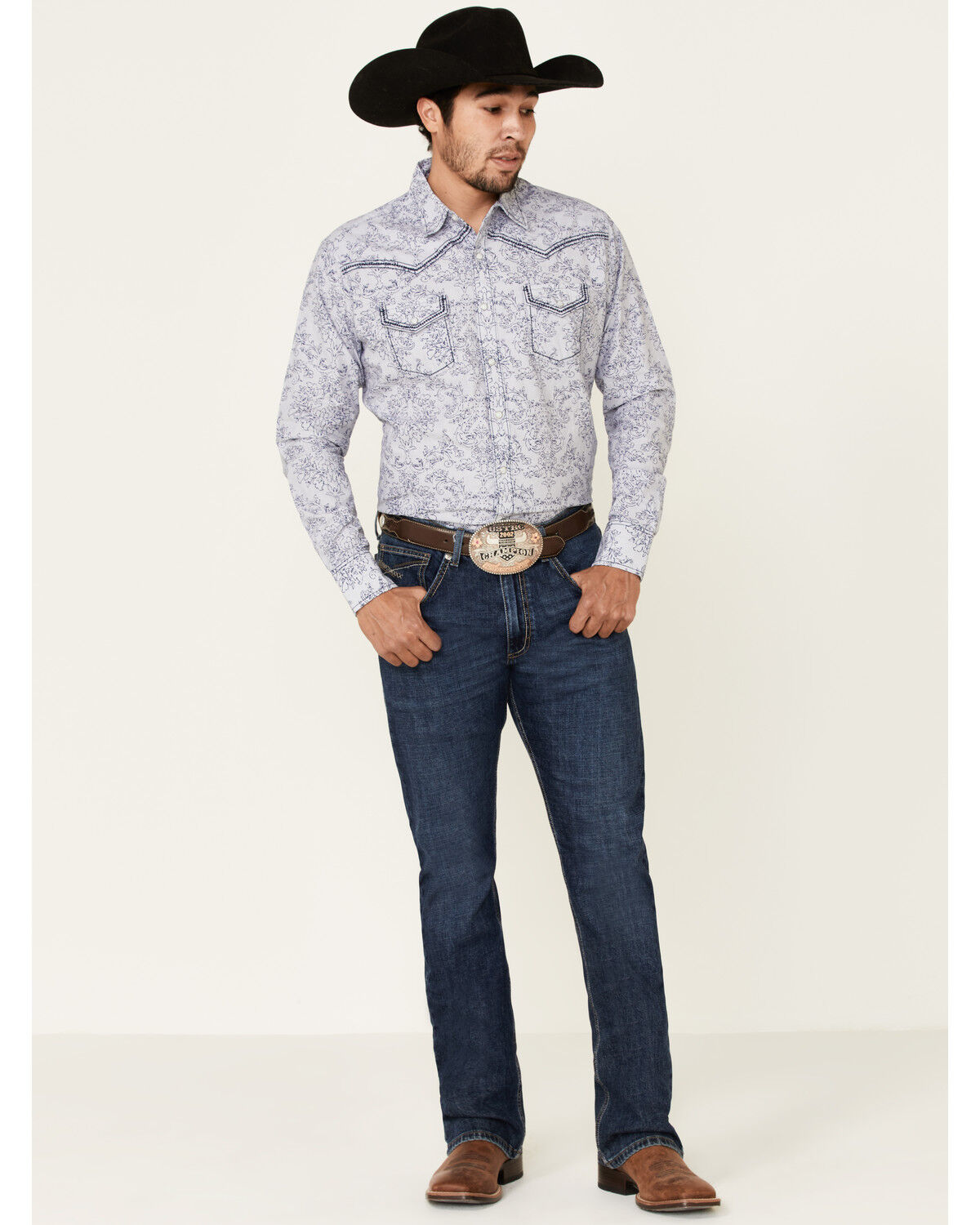 Image #2 - Rock 47 By Wrangler Men's Navy Paisley Print Long Sleeve Western Shirt, Navy, hi-res