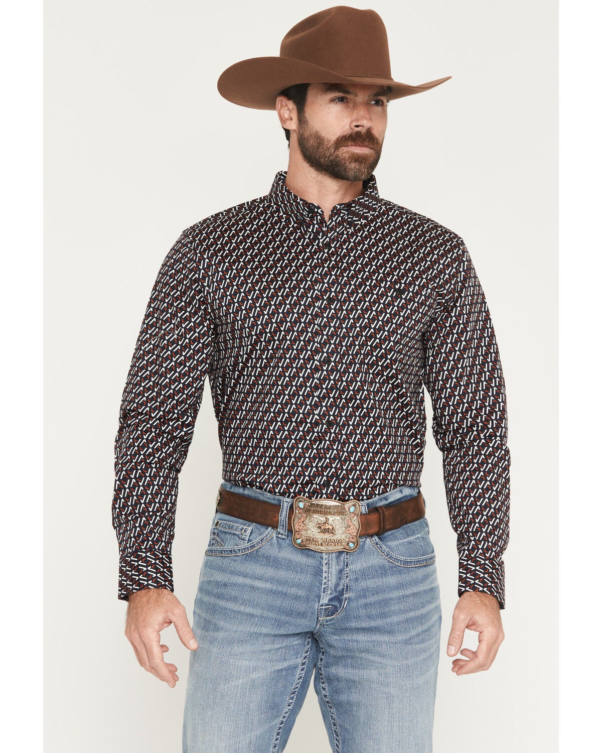 Image #1 - RANK 45&reg; Men's Rough Road Geo Print Long Sleeve Button-Down Stretch Western Shirt, Navy, hi-res