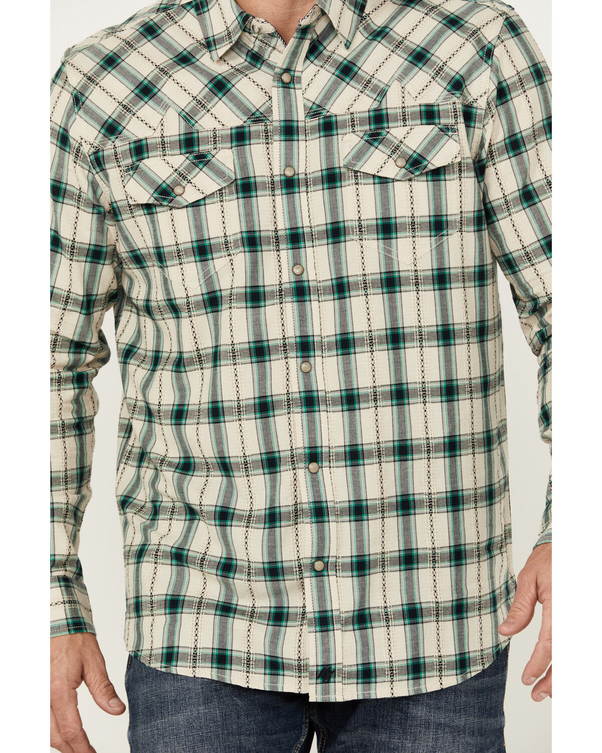 Image #3 - Moonshine Spirit Men's Last Call Dobby Plaid Print Long Sleeve Pearl Snap Western Shirt, Natural, hi-res