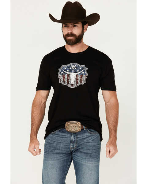 Image #1 - Cowboy Hardware Men's American Flag Buckle Short Sleeve T-Shirt, Black, hi-res