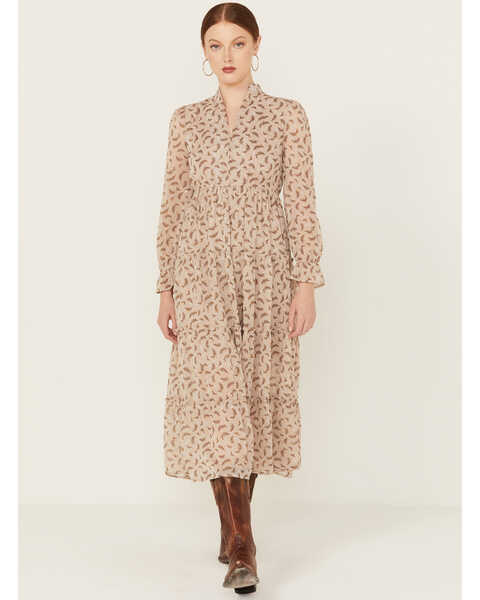 Image #2 - Wild Moss Women's Floral Print Long Sleeve Midi Dress, Sand, hi-res