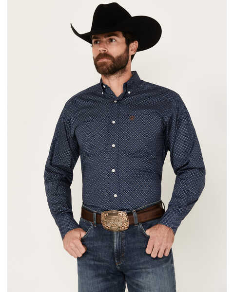 Ariat Men's Keagan Geo Print Long Sleeve Button-Down Shirt, Dark Blue, hi-res