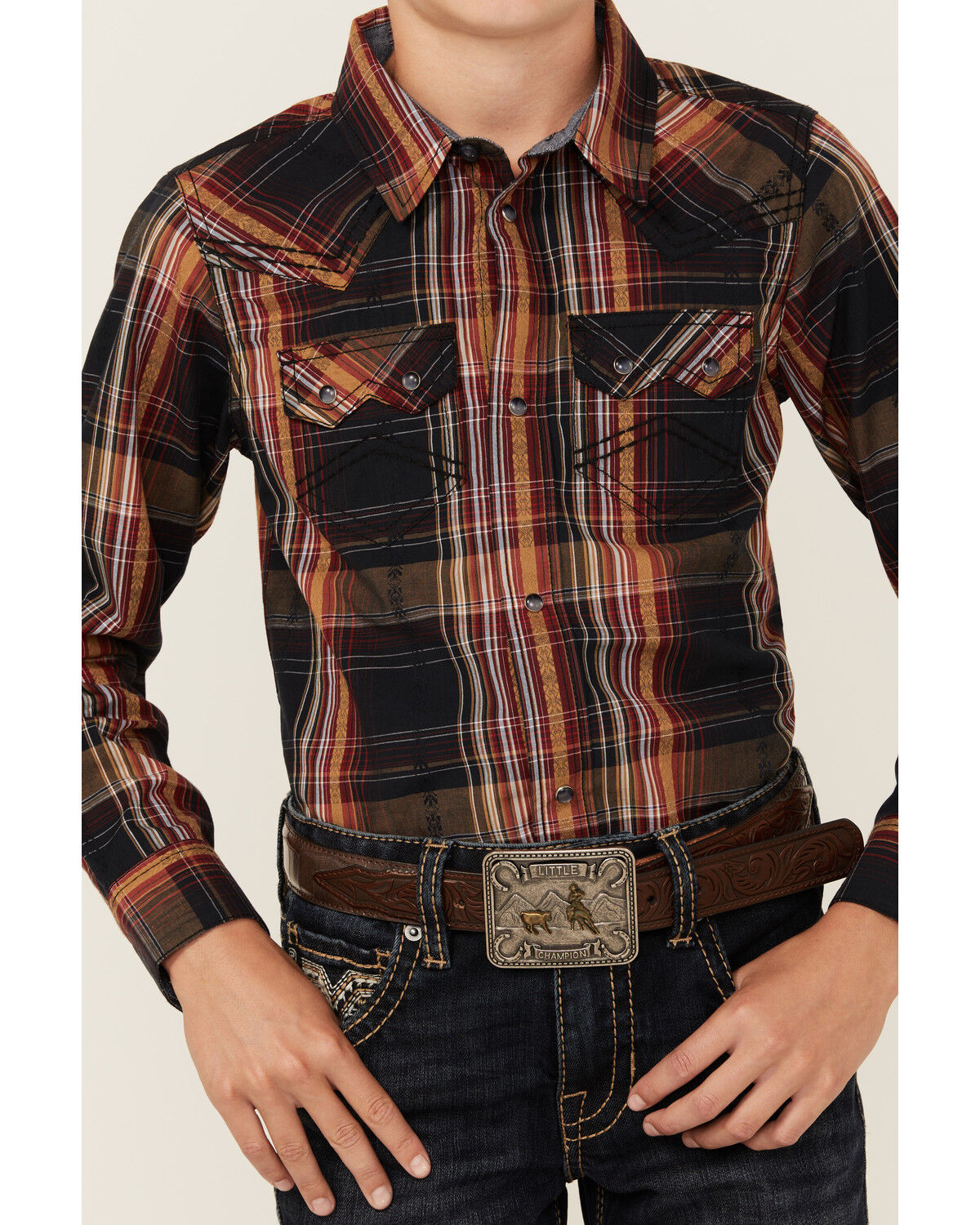 Image #3 - Cody James Boys' Trouble Dobby Plaid Print Long Sleeve Snap Western Shirt, Navy, hi-res