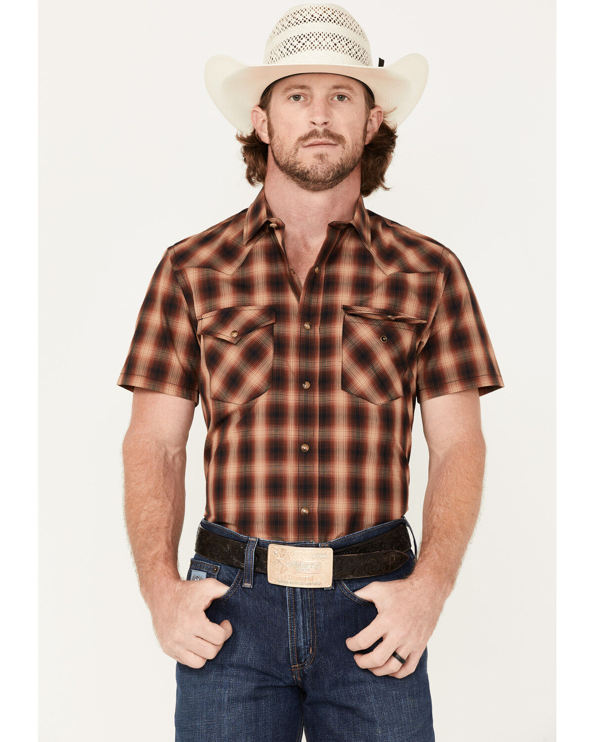 Image #1 - Pendleton Men's Frontier Large Plaid Short Sleeve Western Shirt, Red, hi-res