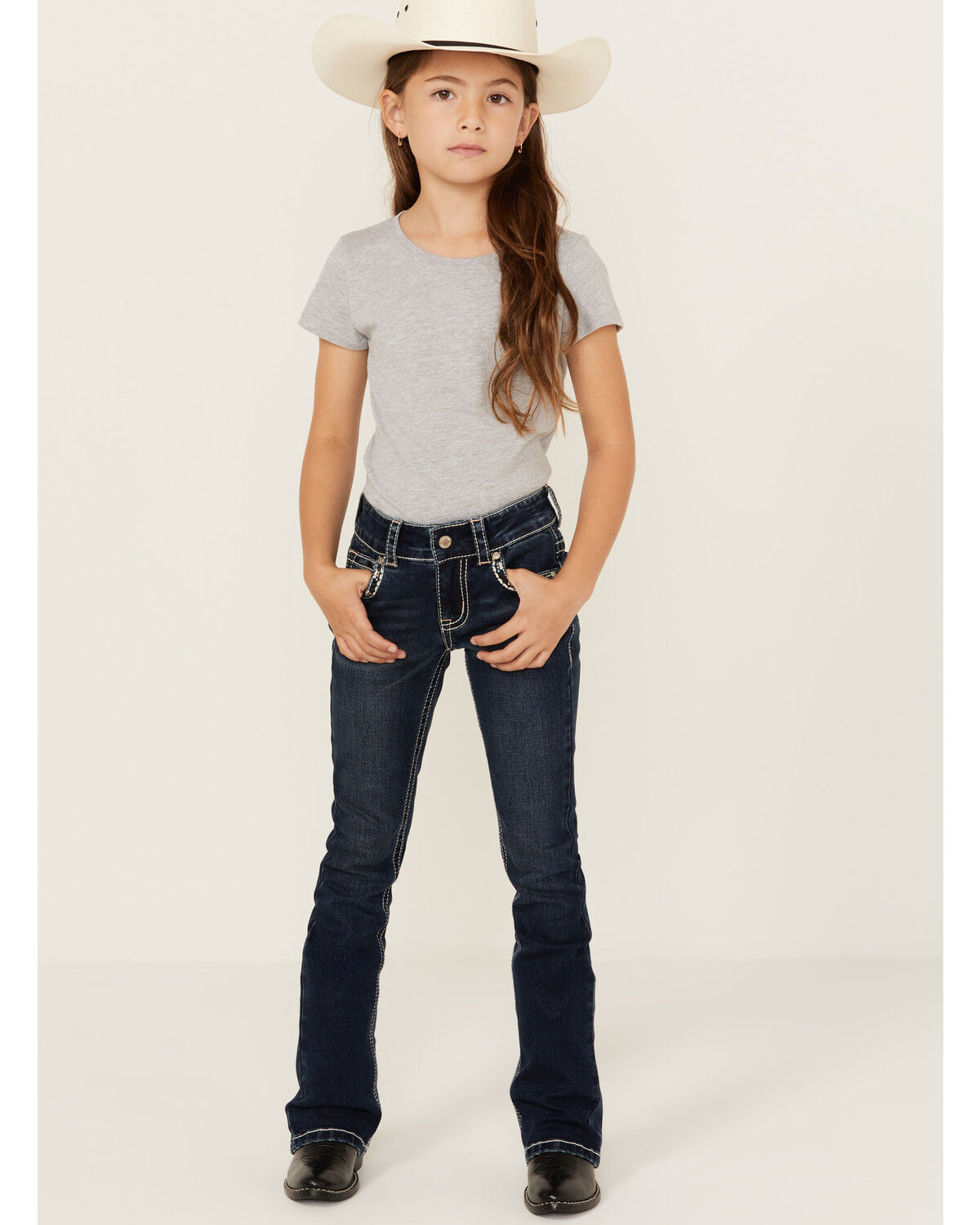 Image #1 - Shyanne Little Girls' Southwestern Floral Border Pocket Stretch Bootcut Denim Jeans, Blue, hi-res