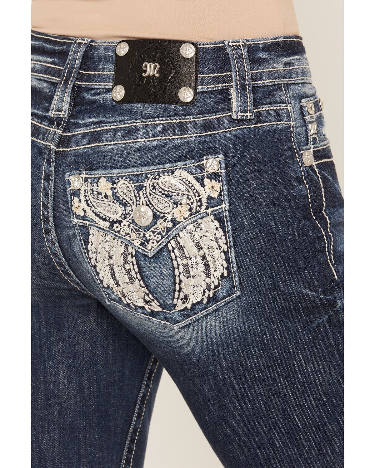 Image #2 - Miss Me Women's Dark Wash Mid Rise Winged Pocket 32" Bootcut Stretch Denim Jeans, Dark Wash, hi-res