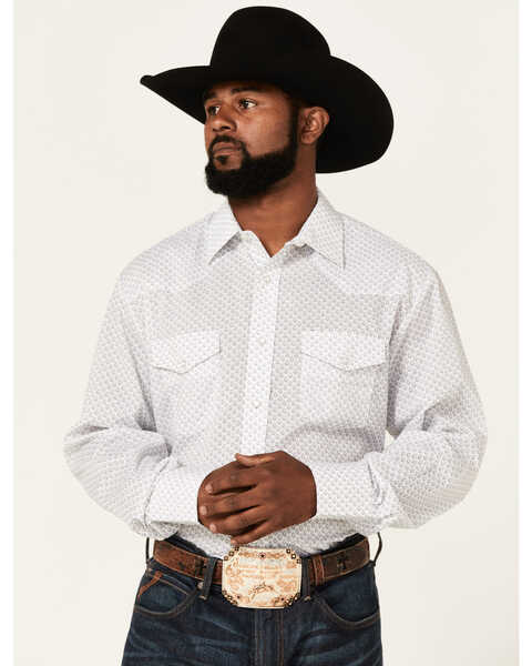 Roper Men's Teardrop Dot Geo Print Long Sleeve Pearl Snap Western Shirt , White, hi-res