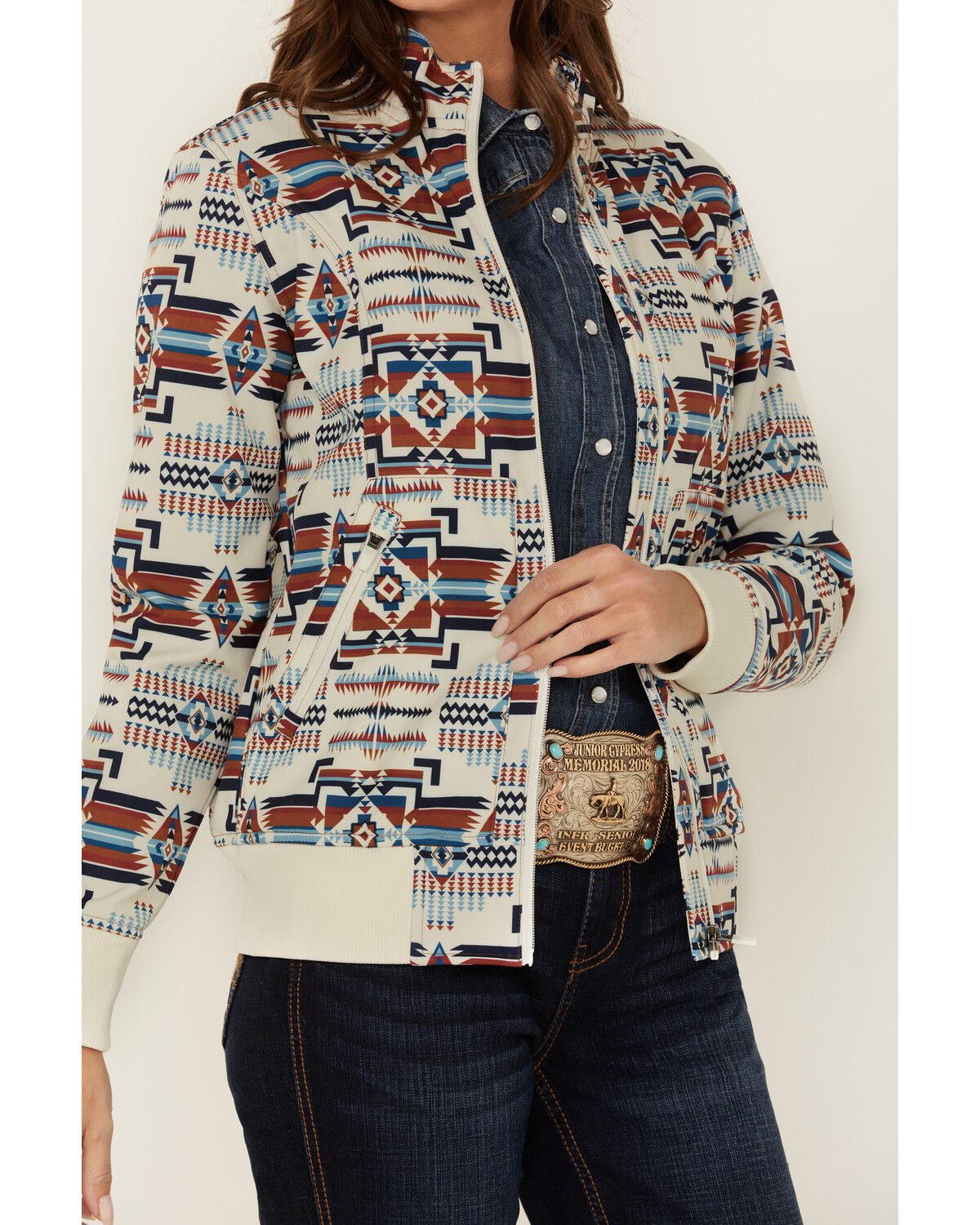 Image #3 - Shyanne Women's Maya Southwestern Print Softshell Bomber Jacket, Cream, hi-res